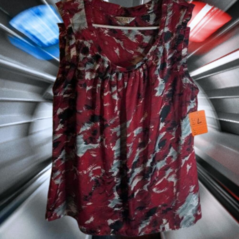 Kasper Large sleeveless red gray polyester woman's dress blouse.